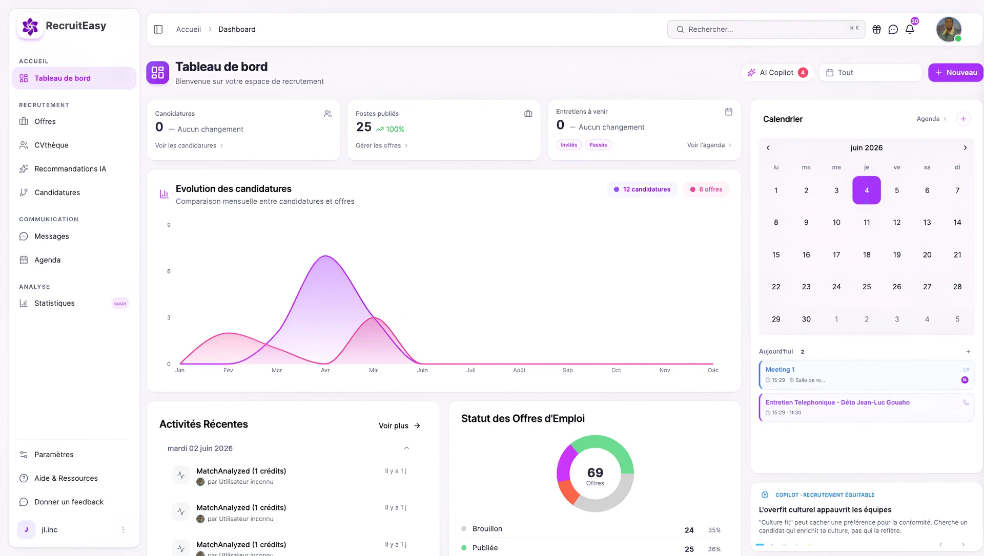 Interface du tableau de bord RecruitEasy montrant le matching IA de candidats