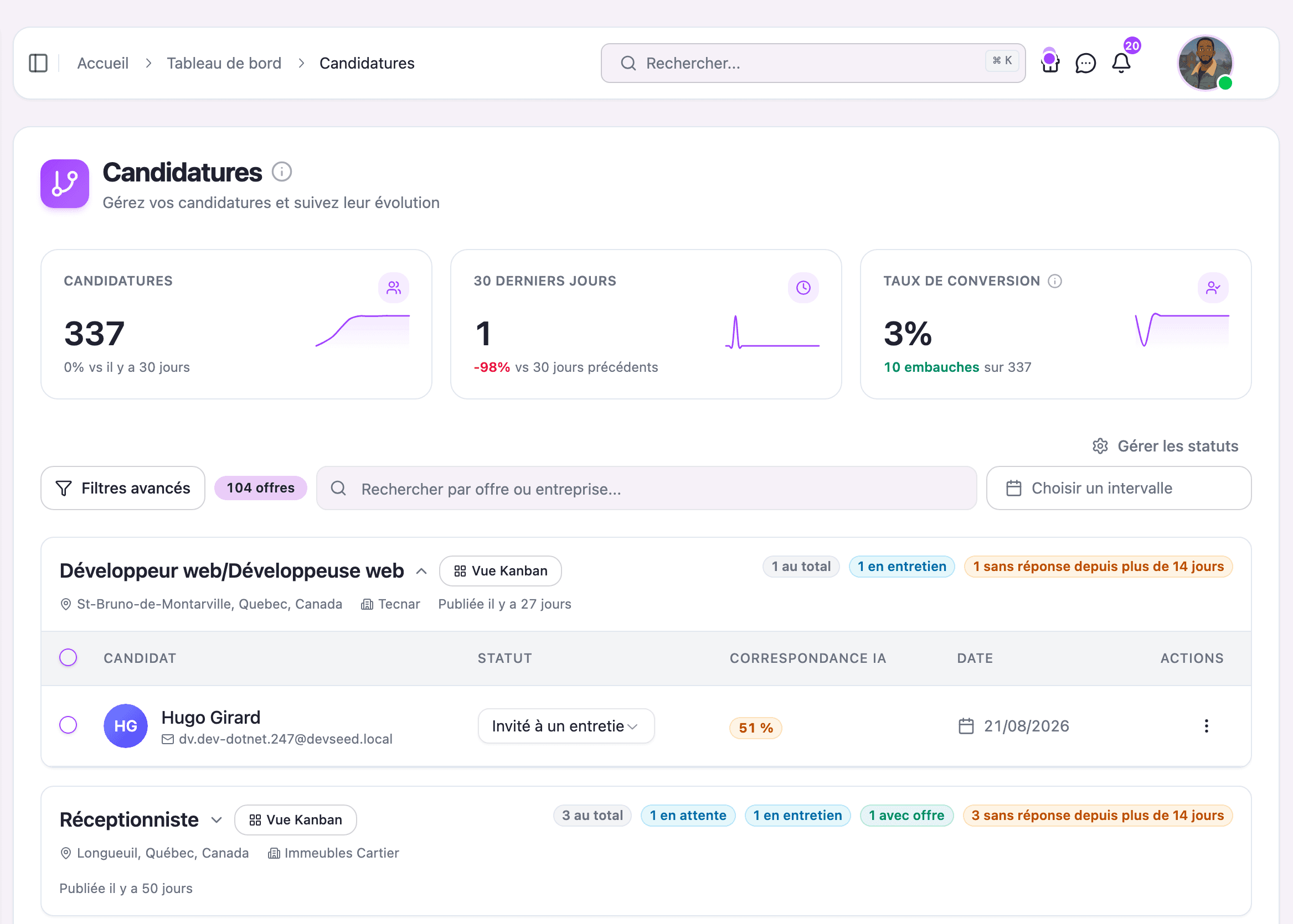 The RecruitEasy Applications page: 200 applications sorted and explained